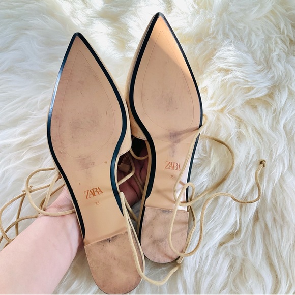 EUC ZARA Tied Leather T-bar Mule Suede Tan Ankle Tie Sandals Size 6US - Picture 7 of 9